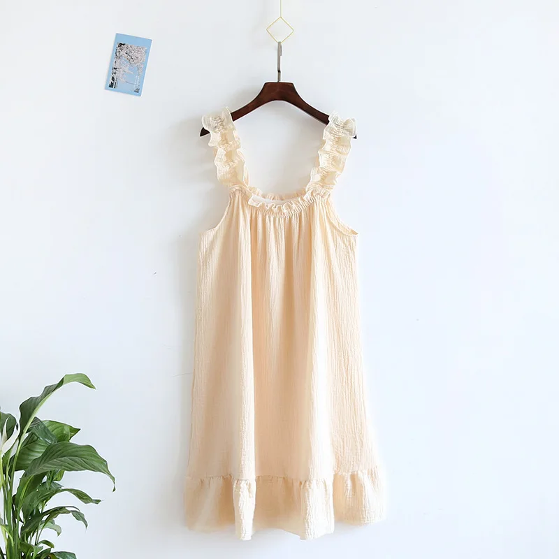 2024 Summer New Style Nightdress Ladies 100% Cotton Crepe Thin Vest Suspender Skirt Loose Long Skirt Sweet And Cute Home Skirt