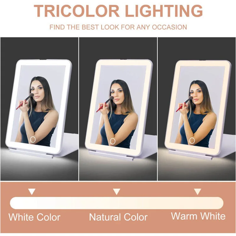 LED Foldable Travel Makeup Mirror 3 Colors Light Modes USB Rechargeable Touch Screen Portable Tabletop Cosmetic Mirror Handheld
