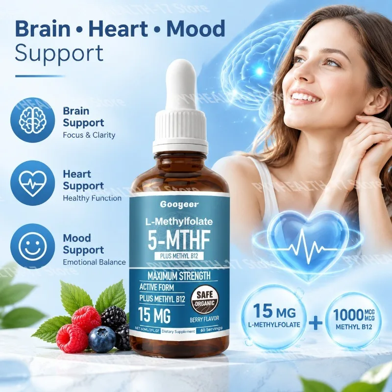 Googeer L-Methylfolate 15mg Liquid Drops for Brain Focus Mood Support with Active 5-MTHF Methyl B12 1000mcg Berry Flavor 60 Ml