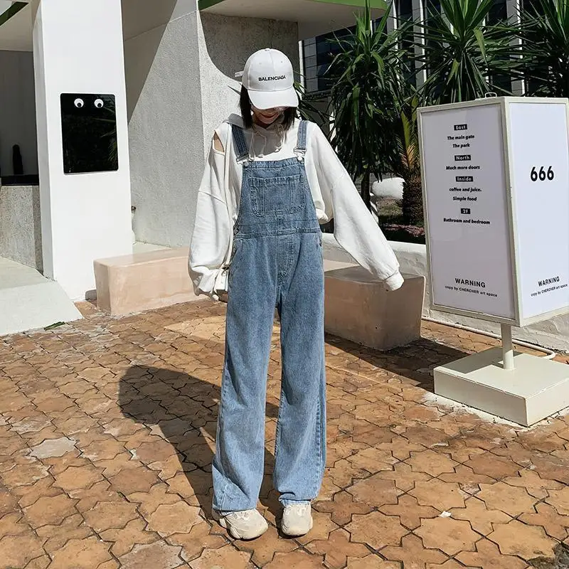 Adjustable Jean Bib Overalls Women One Pieces Jumpsuits Stretch Wide Leg Casual Loose Fit Denim Pants Pockets Combinaison Femme