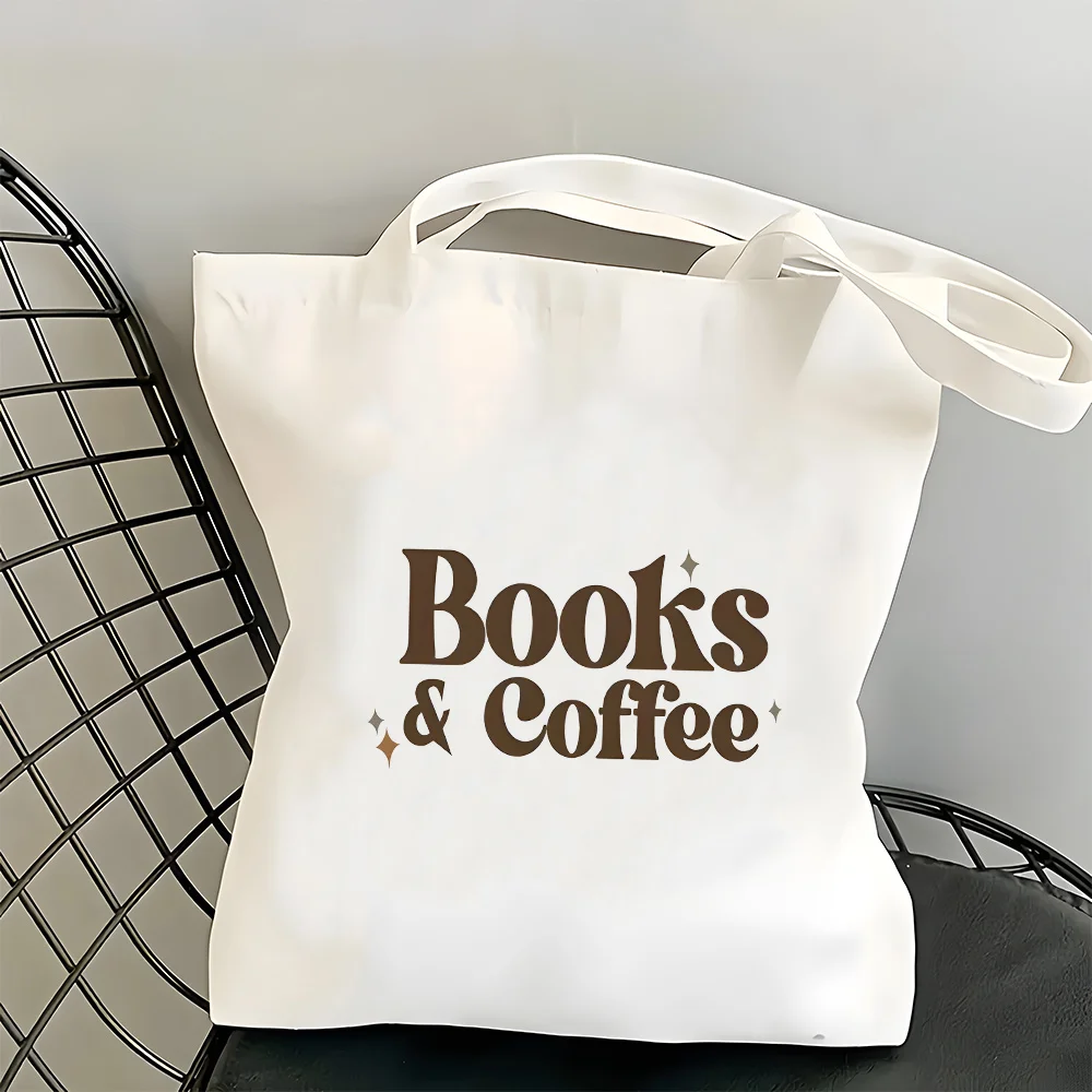 Books & Coffee Print Canvas Tote Bag, Reusable Shoulder Bag for Book Lovers & Coffee Addicts, School & Travel