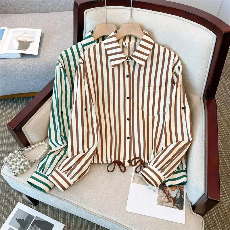 Autumn New Casual Striped Turn-down Collar Long Sleeve Blouse Women Clothes All-match Shirring Cardigan Shirts Female Top Tee