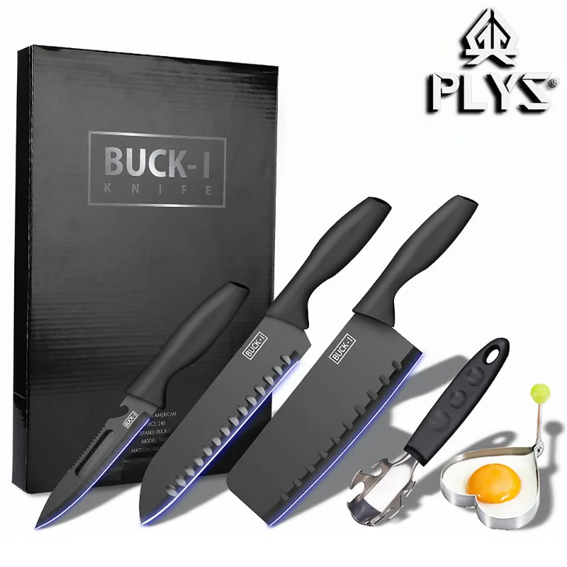 PLYS Black Steel Knife Set, 5-Piece Stainless Steel Kitchen Cutlery Set with Chef's Knife & Fruit Knife, Ideal for Home