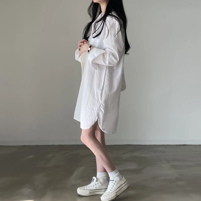 Chic décontracté Simple col longue Sve ample femmes irt Dr ort jupe printemps Faion coréen Sle Polyester Fiber