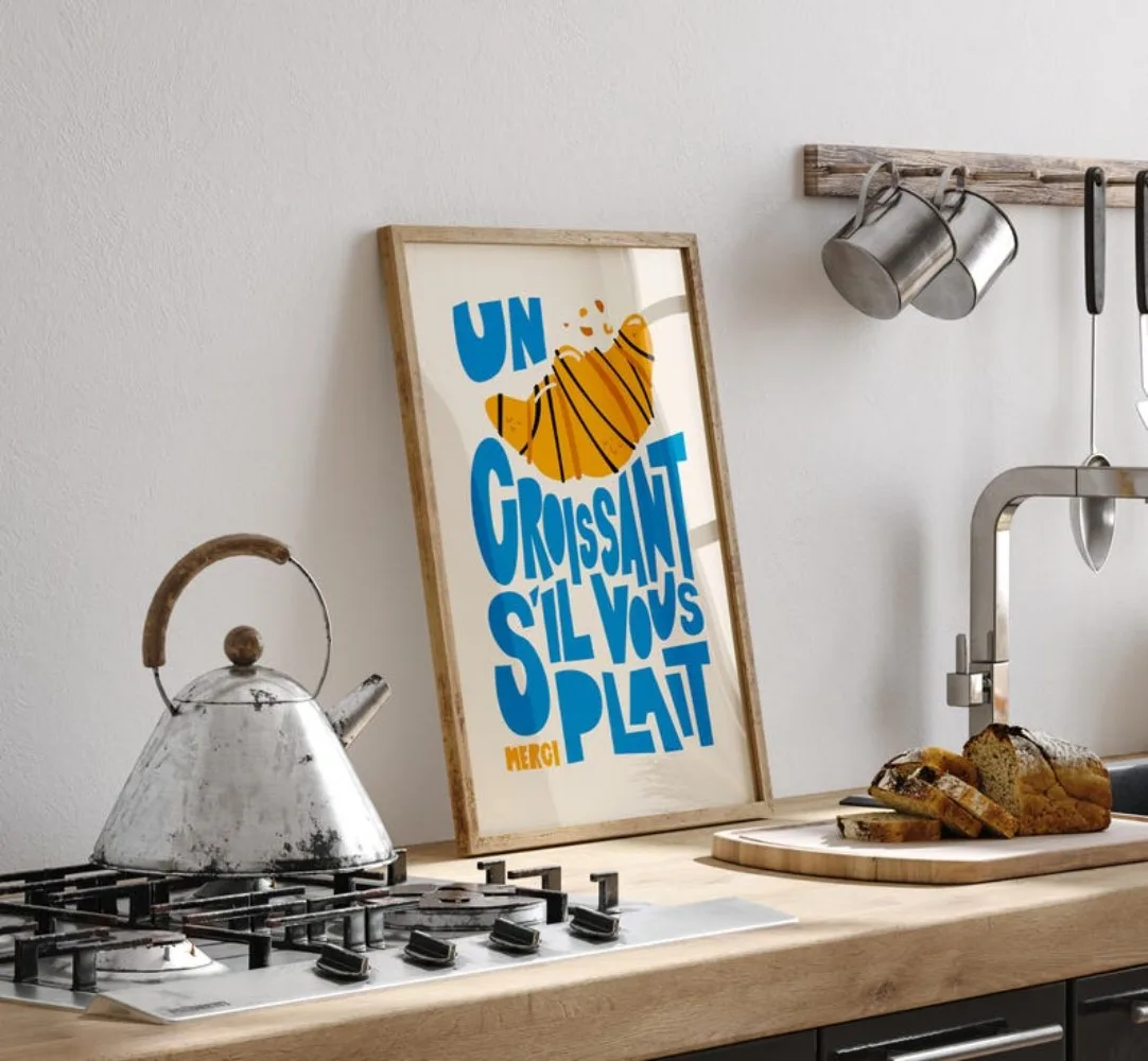 طباعة Un Croissant، ملصق الإفطار، لوحة فنية جدار المطبخ، Craissants S'il Vaz Plait، طباعة الطبخ العصرية، ملابس المنزل، ديكور الحائط