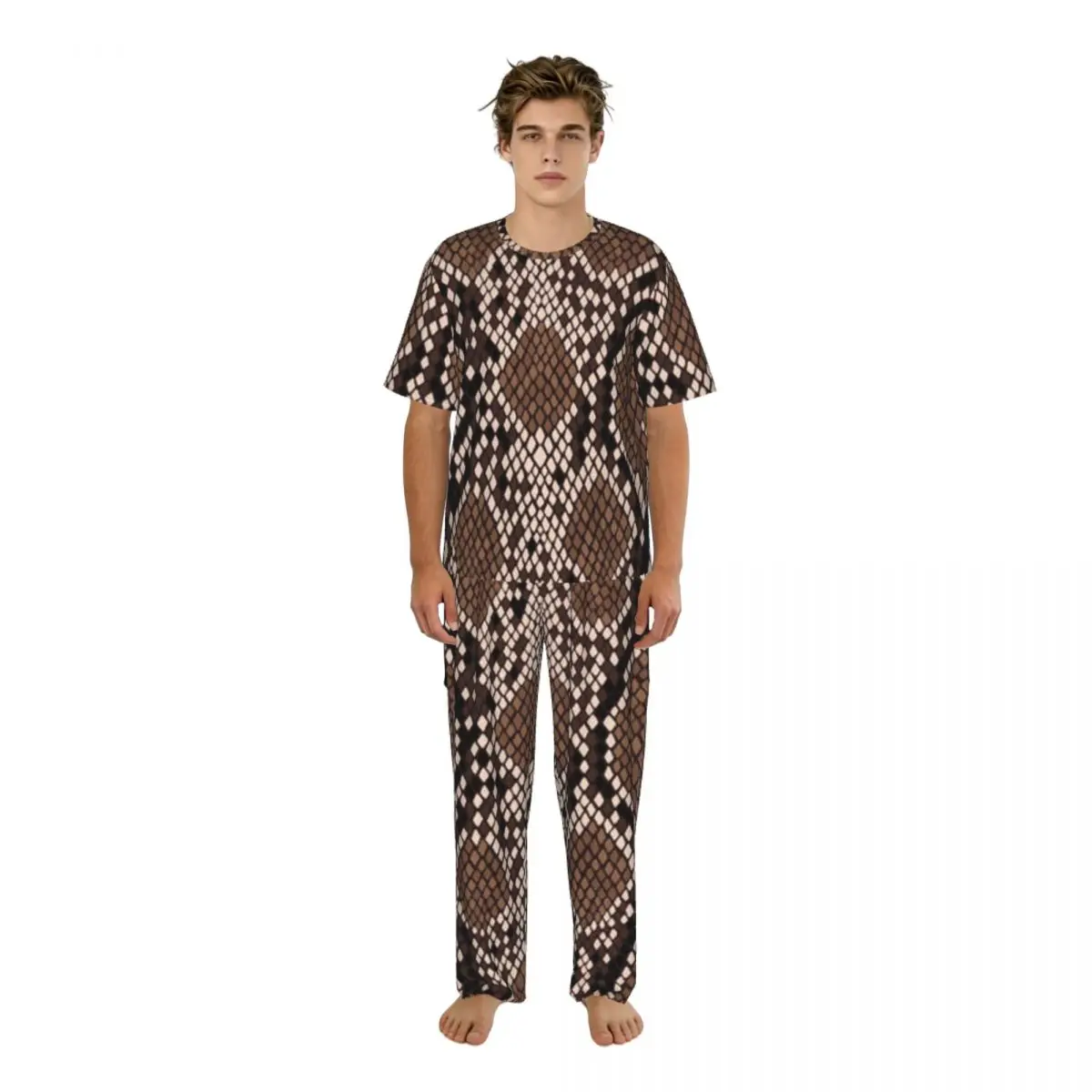 

Мужской комплект пижамы: летние топы с коротким рукавом + длинные брюки, домашняя одежда, костюм для сна с текстурой змеиной кожи и африканских животных