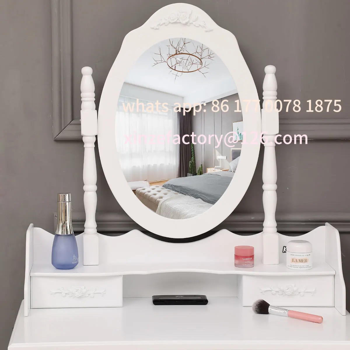 Tocador de maquillaje con espejo personalizable, juego de tocador moderno con taburete para dormitorio