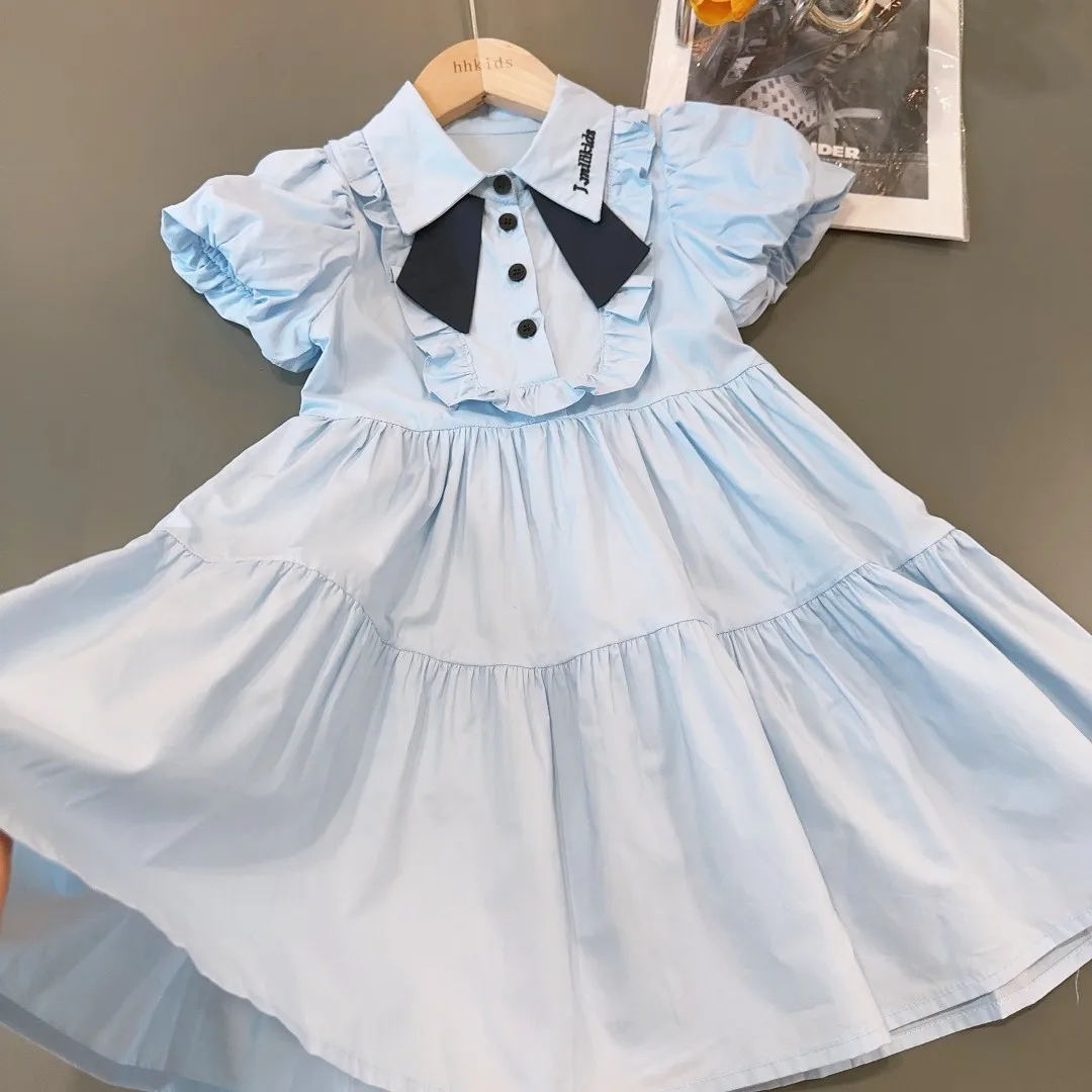 Summer Children Girls Princess Dress Short Sleeve Baby Girl Clothes Kids Girls Dress Blue Color 2-7T