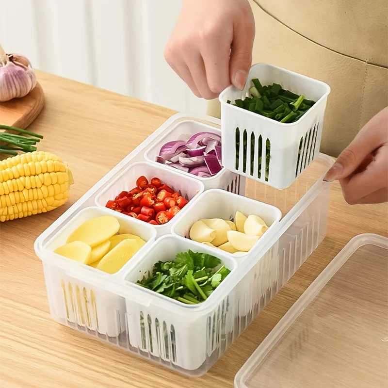 

1PC Refrigerator Storage Box With Lid 4/6 Grids Divided Clear Vegetable Fruit Organizer Portable Fresh Keeping Seasoning Box ﻿