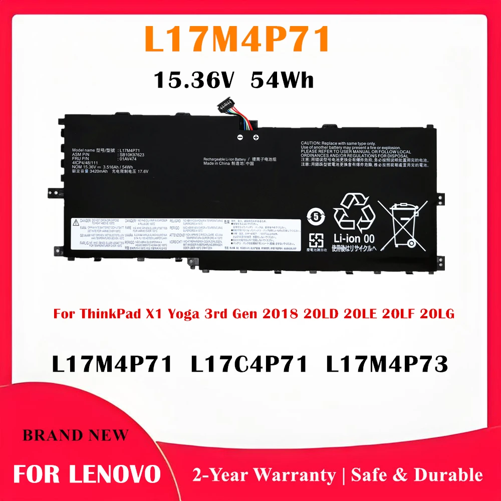 L17M4P71 Replacement Laptop Battery For ThinkPad X1 Yoga 3rd Gen 2018 20LD 20LE 20LF 20LG L17C4P71 01AV474 01AV475 15.36V 54Wh