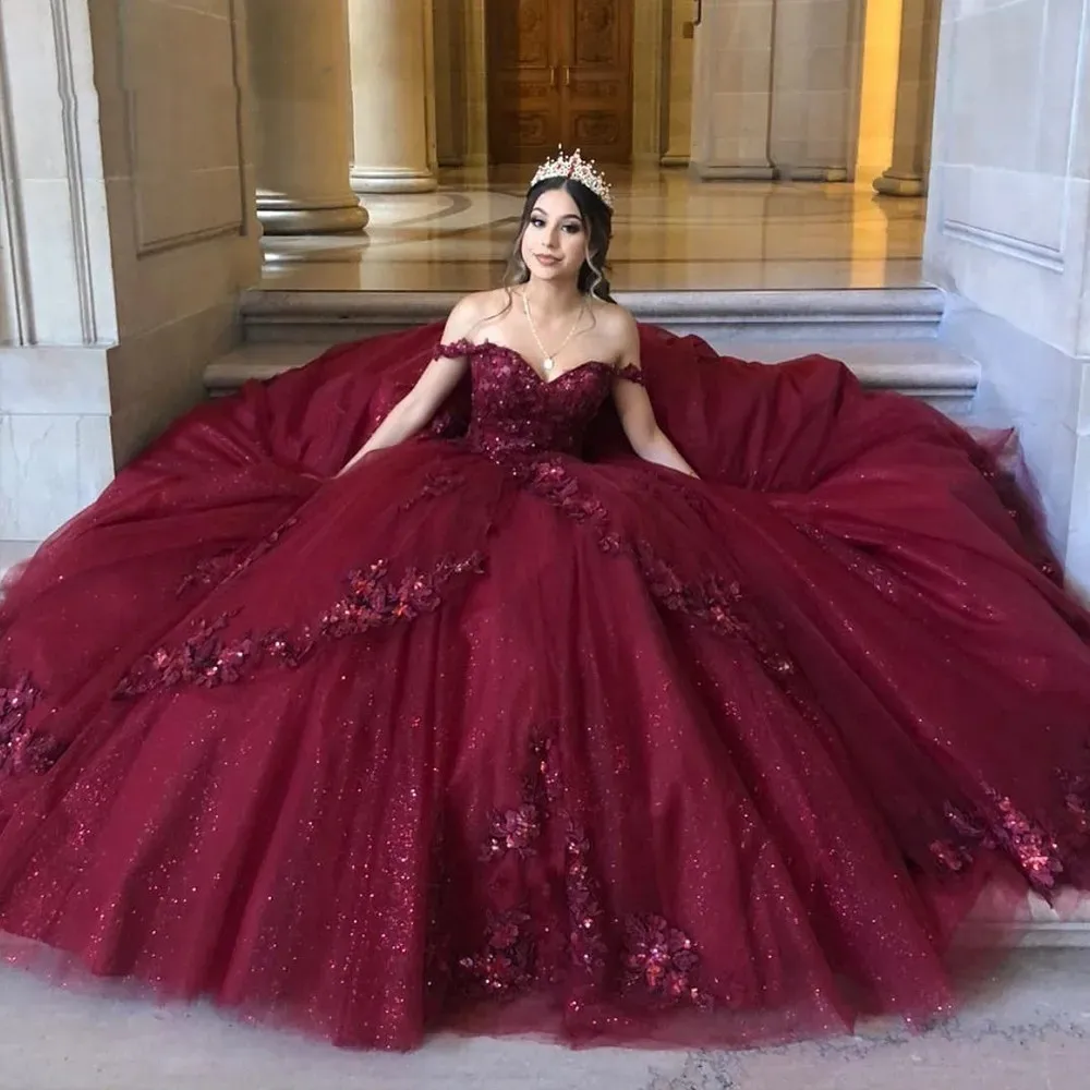 Glitter Burgundy Quinceanrea Dresses Sweetheart Off Shoulder Priness Applique Girl Formal Birthday Party Gowns vestidos de 15