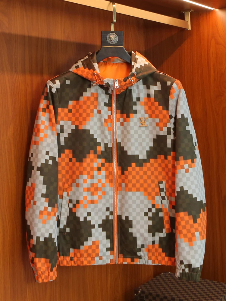 

Spring Autumn Plaid Camouflage Hooded Jacket Slim Fit Lightweight Men's Fashion Outerwear Breathable Polyester Urban Style