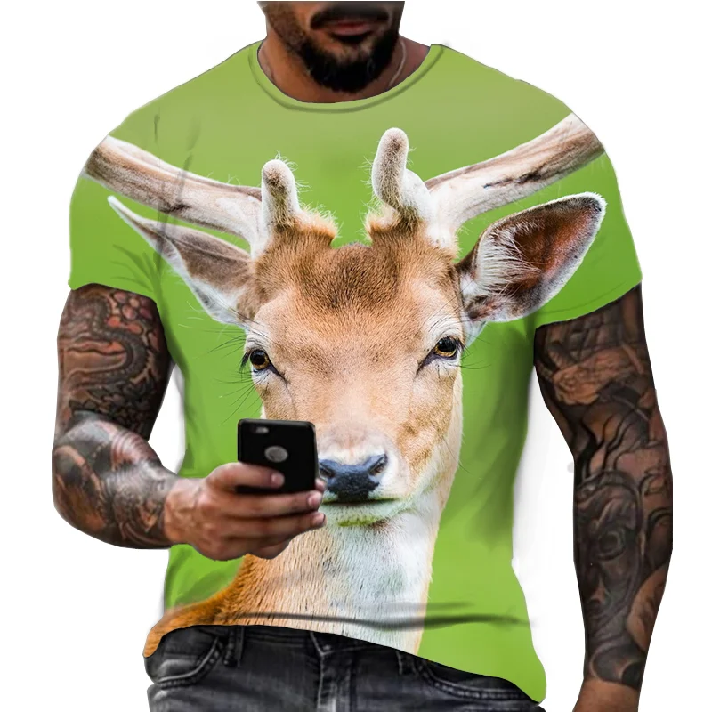 Summer New Deer Cute Animal 3D Print Top Short sleeved Dominant American Casual Loose Fitness T-shirt