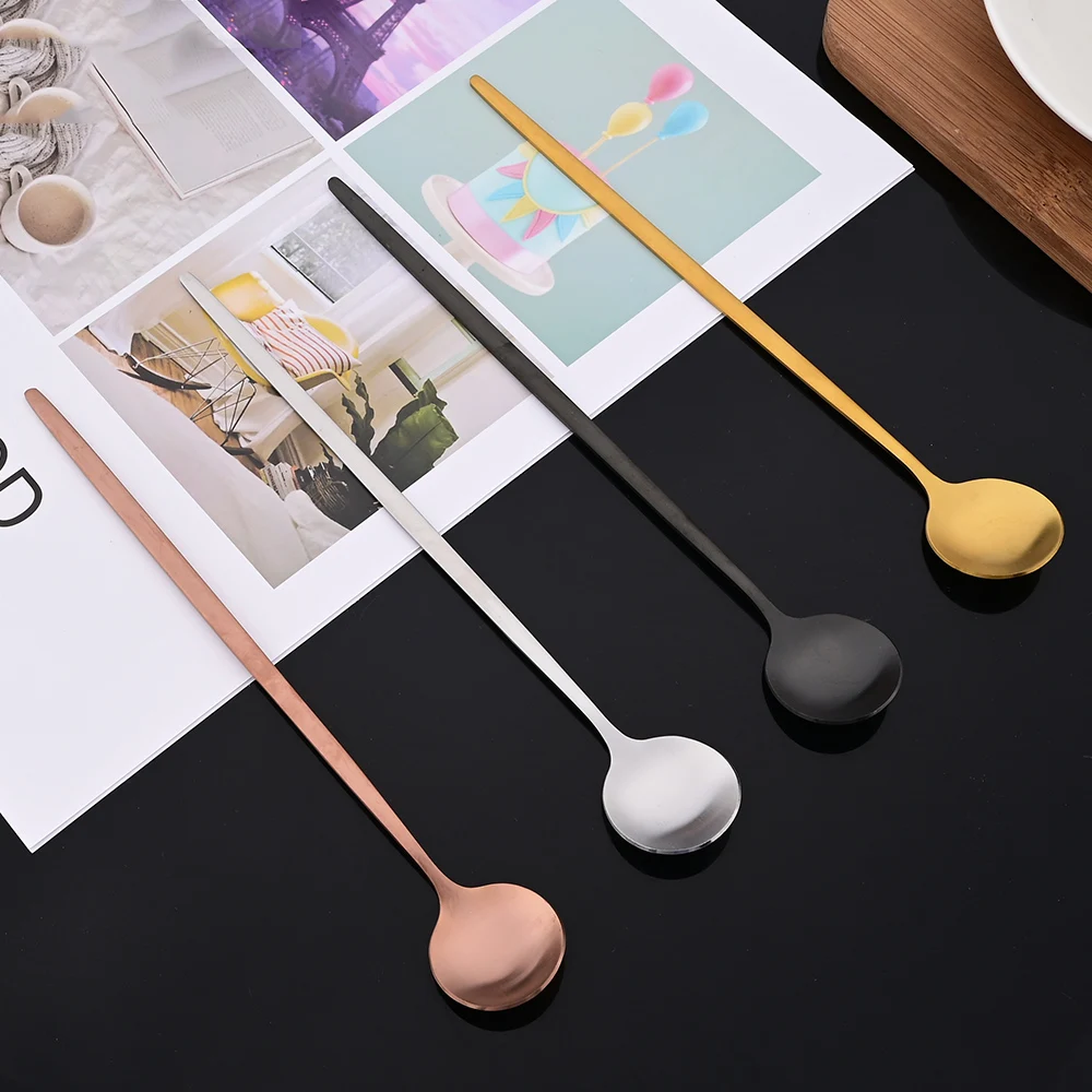 6Pcs Matte Black Long Hangdle Spoon For Stirring Drink Steainless Steel Gold Dinnerware Tableware Cutlery Ice Cream Spoon Set