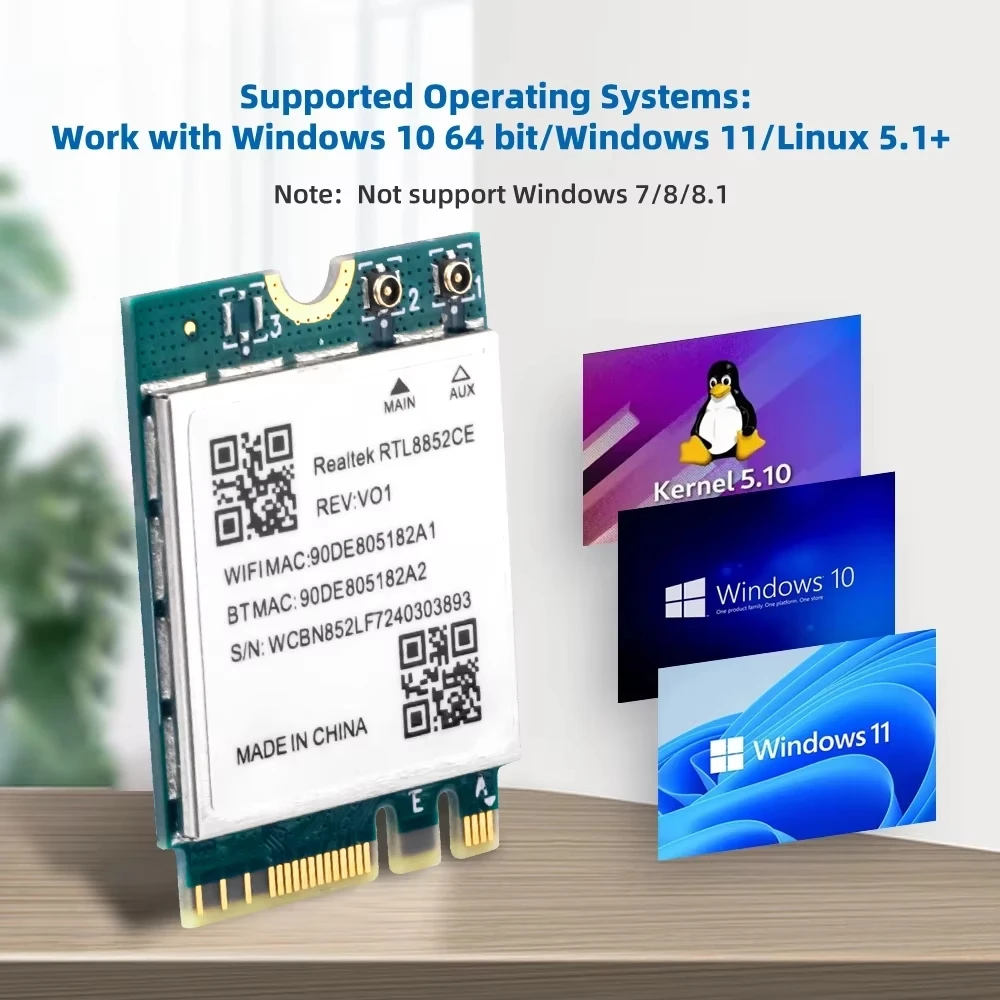 2400Mbps トリプルバンド WiFi 6E Bluetooth 5.3 アダプター ワイヤレス信号受信カード NGFF M.2 Windows 10/11 用 RTL8852CE
