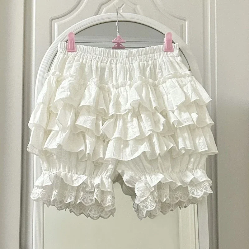 Japanese Style Kawaii Lolita Short Pants Women Sweet Ruffles Lace Patchwork Bow Leggings Girls Cute Elastic Waist JK Pantaloons