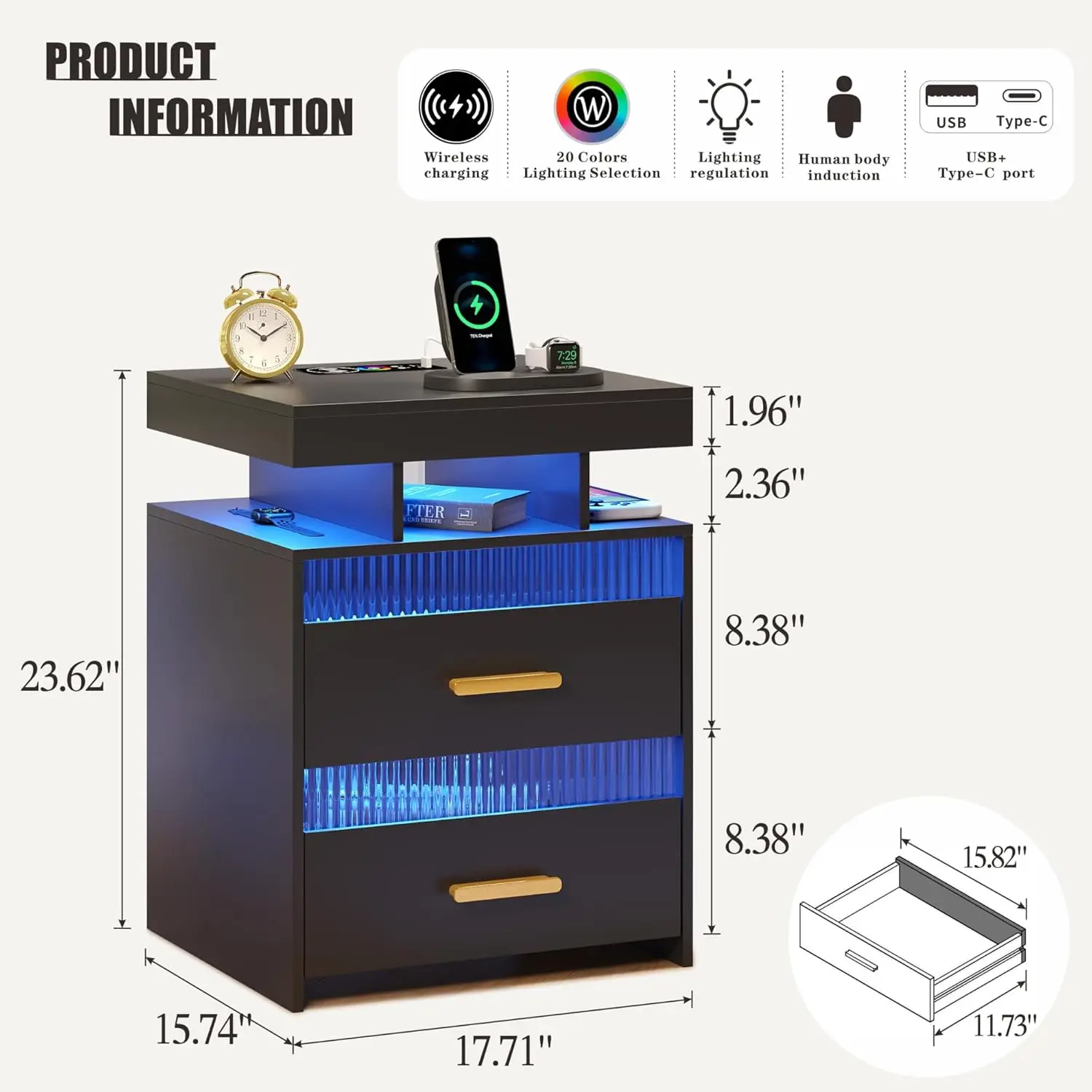 Inteligente Nightstand Set com carregamento Station, LED Night Stand, mesa de cabeceira, conjunto de 2