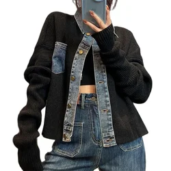 Frauen Denim Nähte Pullover Jacke Herbst 2023 neue Mode lose kurze Strickjacke Dame Mäntel lässige Jeans jacke Frauen