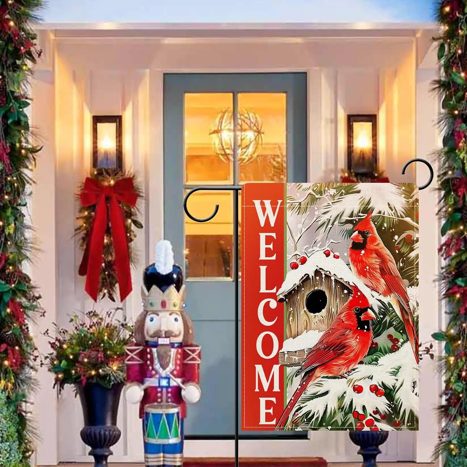 Dyrenson Welcome Christmas Cardinal Decorative Garden Flag, Xmas Tree Red Birds Birdhouse Berries Yard Outside Home Decorati yyi