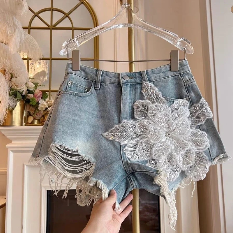 

MEXZT Streetwear Ripped Denim Shorts Women Y2K Floral Beading Shorts Jeans Summer Sexy Gyaru High Waist Tassel Hot Short Pants