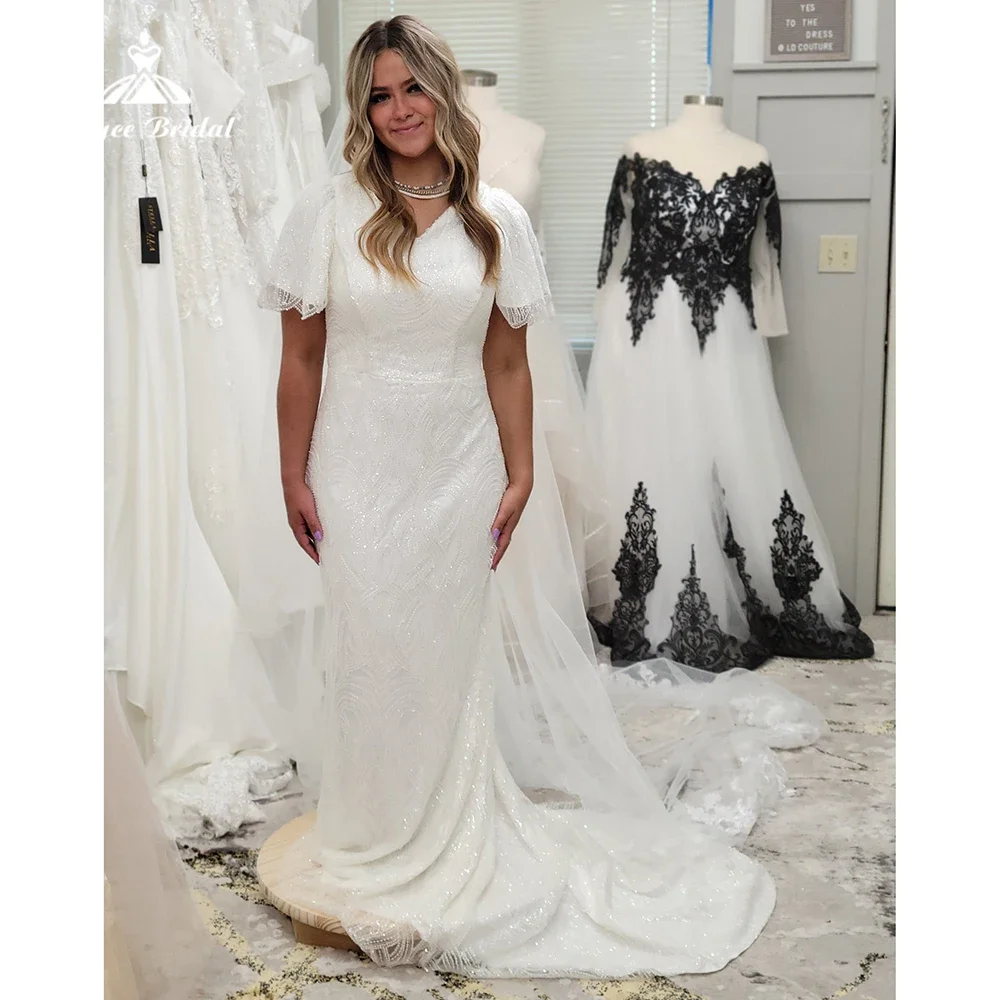 

Roycebridal Boho Sparkly V Neck Lace Beading Mermaid Wedding Dress Short Cap Sleeve Bridal Gowns Sweep Train 2025 Customized