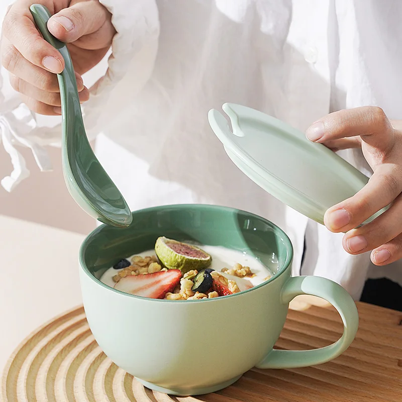 Ceramic Macaron-colored Coffee Cup with Lid Spoon Large Capacity Mug Microwave-safe Heating Cup Cereal Milk Yogurt Breakfast Cup