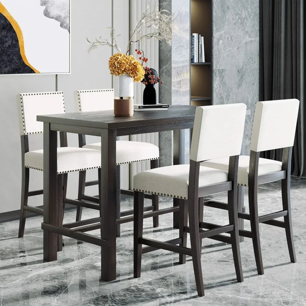 5 Piece Wooden Counter Height Dining Table Set with 4 Padded Chairs with Nailhead Trim for Kitchen, Breakfast Nook