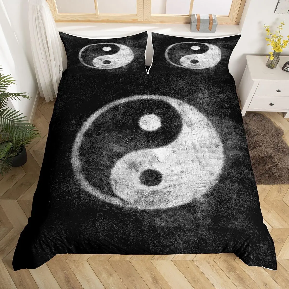Black White Yin Yang Bedding Set Trippy Psychedelic Art Boho Duvet Cover Gossip Comforter Cover for Girls Boys Twin Queen Size