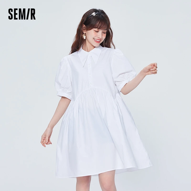 

Semir Dress Women Bubble Sleeve Solid Summer New White Dress Loose