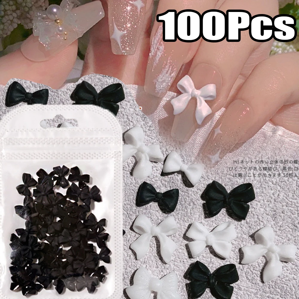 

100Pcs 3D Black&White Ribbon Bow Nail Charms 10x11mm Resin Black Bowknot Nail Art Decoration DIY Flat-back Bowknot Nail Parts
