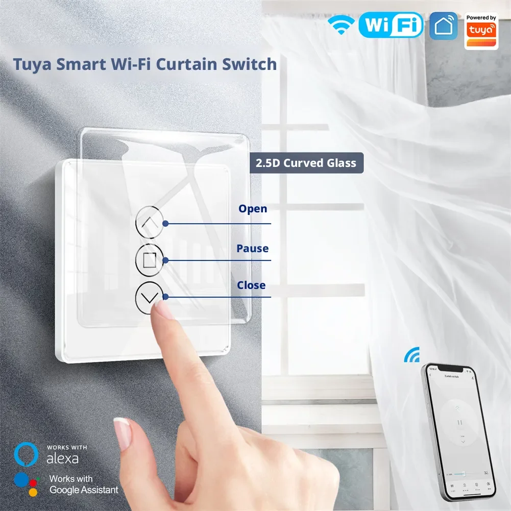 

Smart Wifi Curtain Switch Tuya App Control Voice Control Via Alexa & Google Assistant Timer One Open & Close Control White/Black