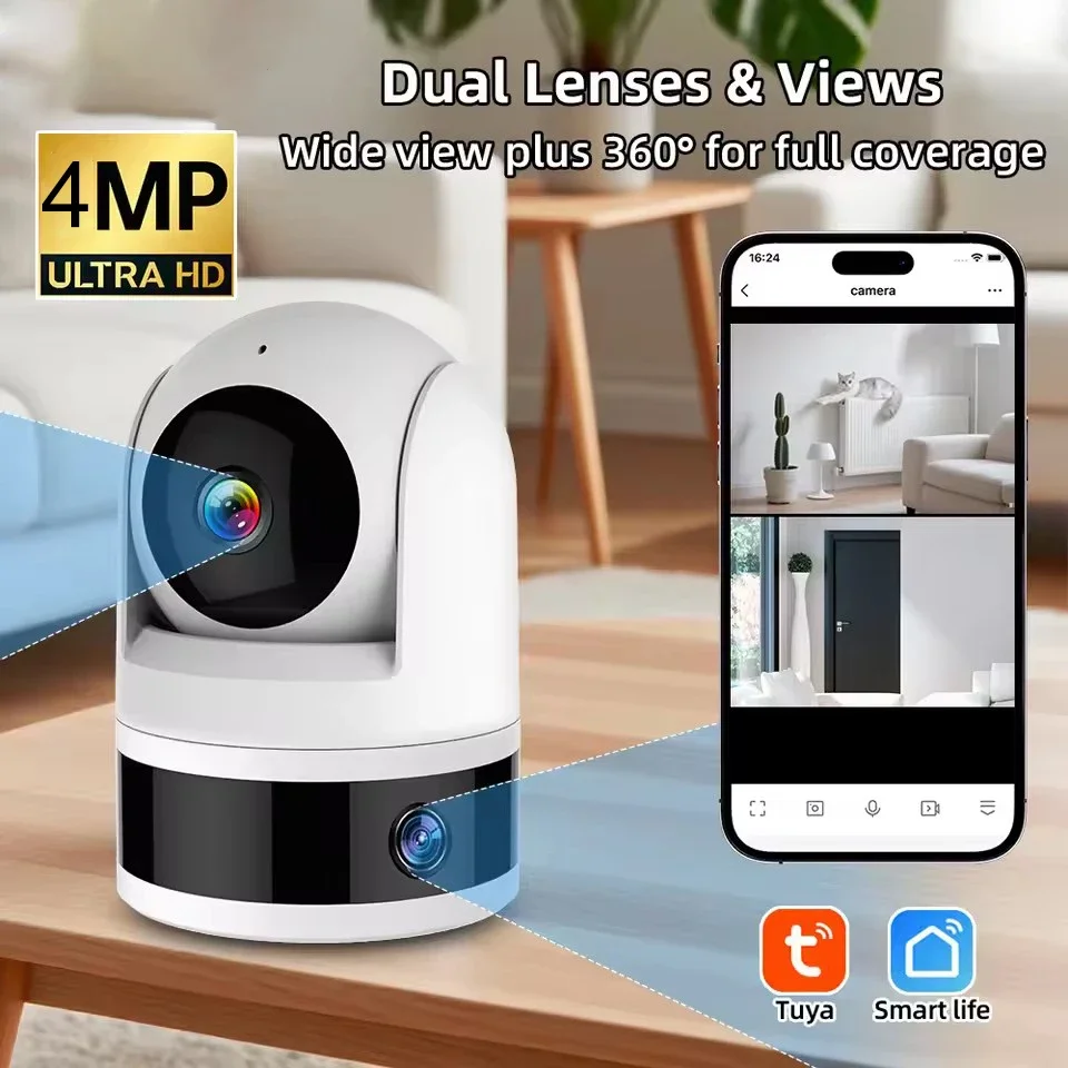 Cámara de seguridad inteligente Tuya de doble lente de 4MP, cámara para perros y mascotas, Monitor para bebés, detección automática AI, WiFi inalámbrico para interiores, IP, Mini cámara CCTV HD