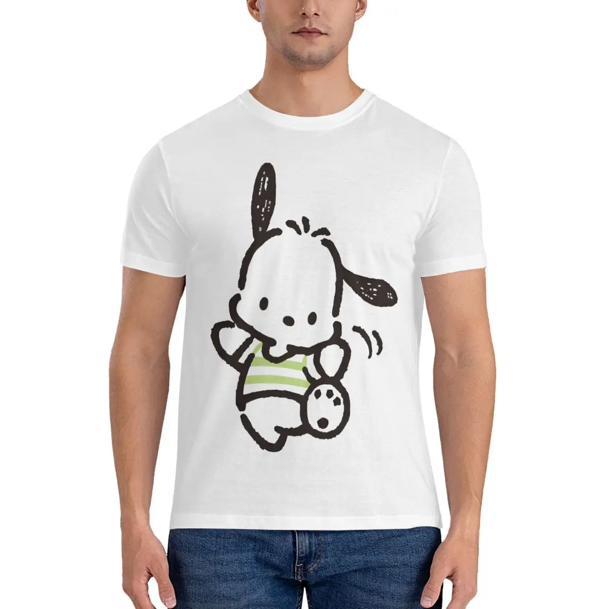 Sanrio Cartoon Character T-Shirt for Men Pochacco Crazy 100% Cotton Tee Shirt Round Collar Short Sleeve T Shirt Unique Clothes