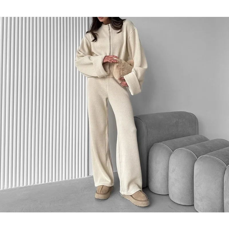 

New Women's Zip Up Jacket Wide Leg Pants Set Soft Knit Loose Long Sleeve Autumn Winter Casual Knitted Sweater Set