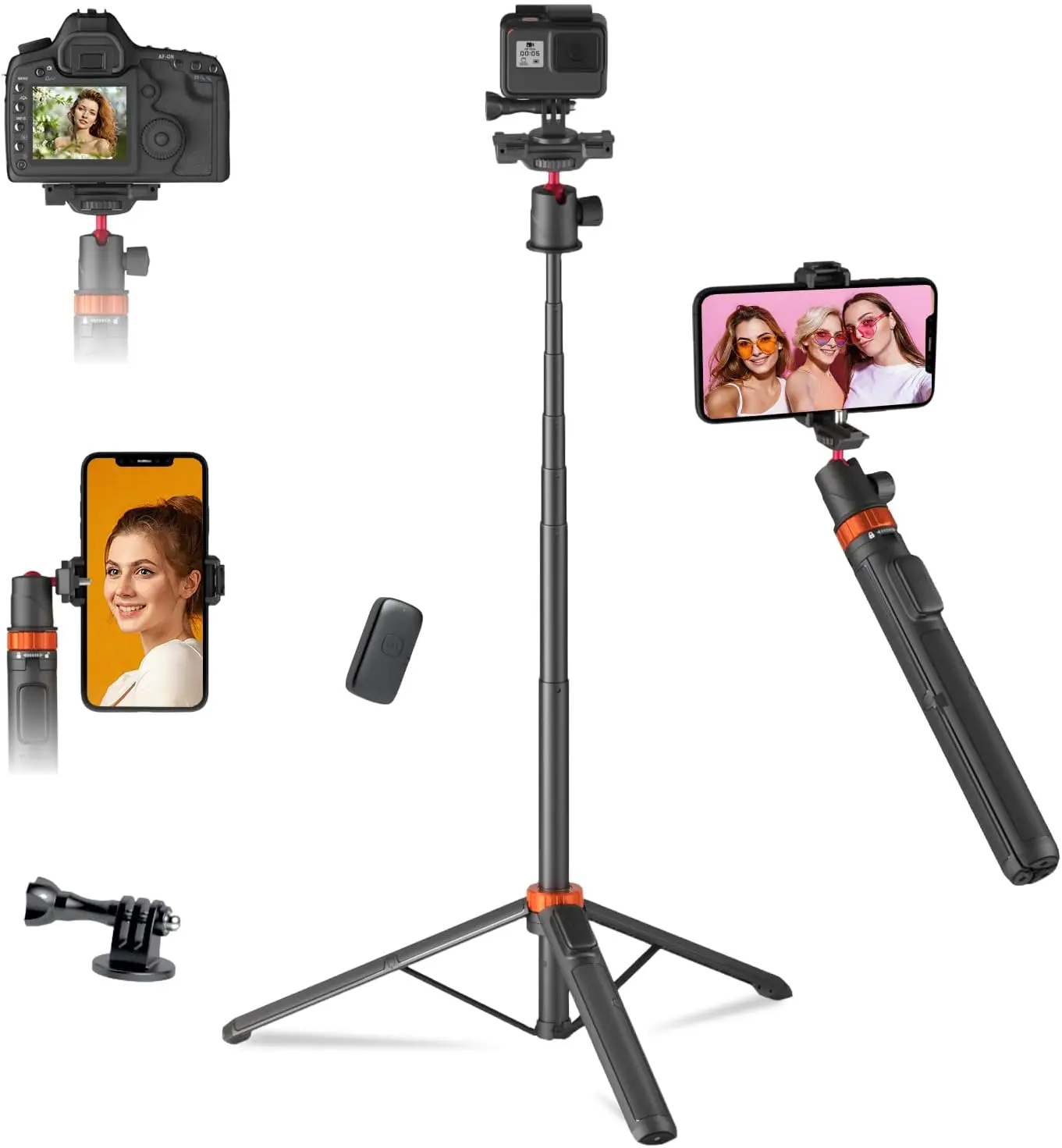 

Adjustable 66.5-Inch Camera Tripod with 360° Ball Head, Selfie Stick, and Remote Control for Action Cameras