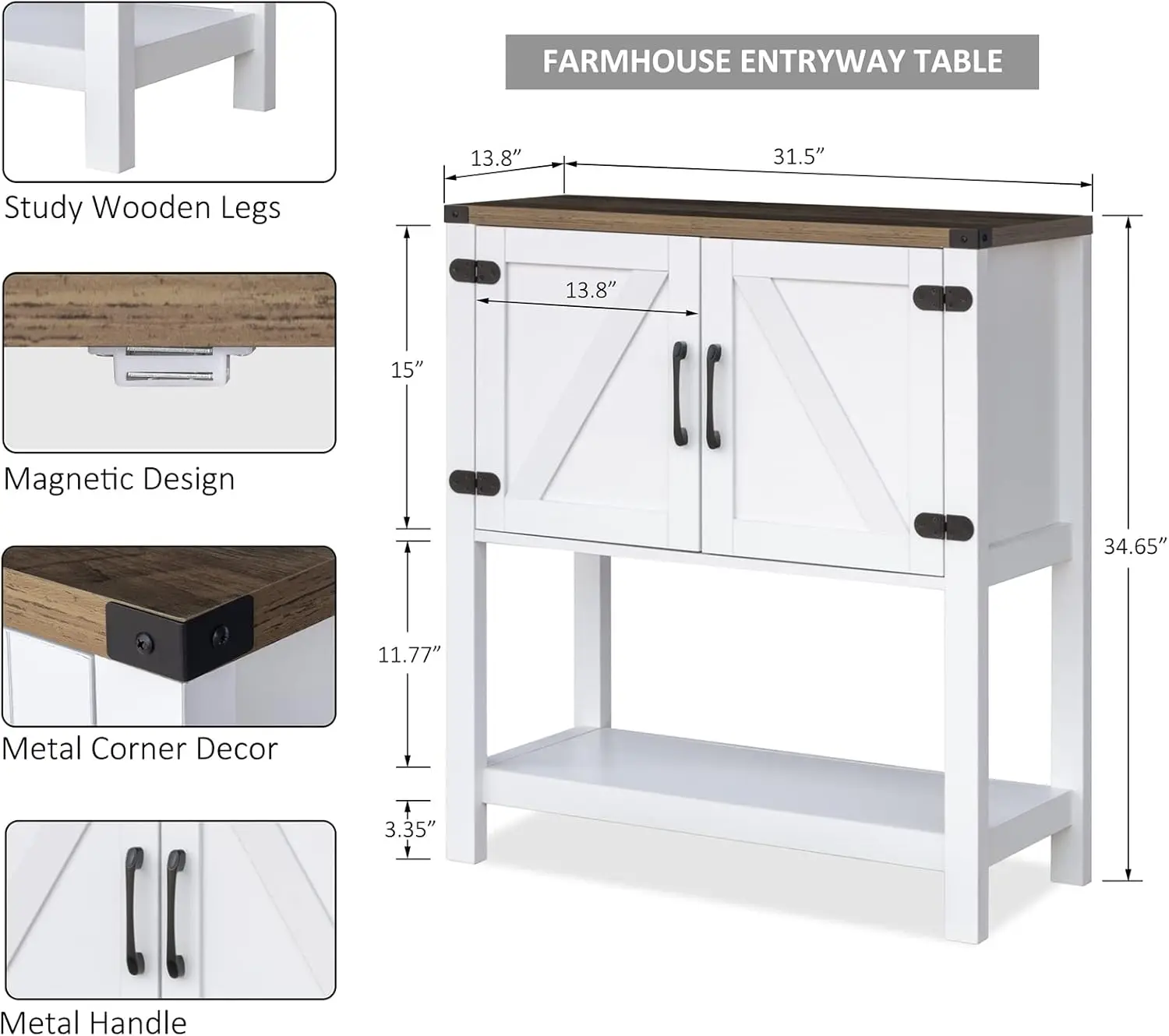 Mesa de sofá de armário de bar, 1,5 L x 13,8 D x 34,65 H, mesa de entrada com 2 armários de armazenamento, aparador de buffet de fazenda para cozinha