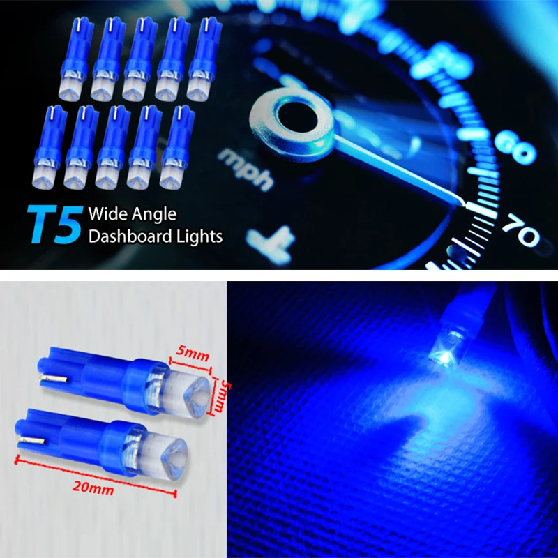 Bombillas de luz LED para salpicadero de coche, indicador de luz lateral de cuña, color azul, 10 piezas, T5, 37, 58, 70, 73