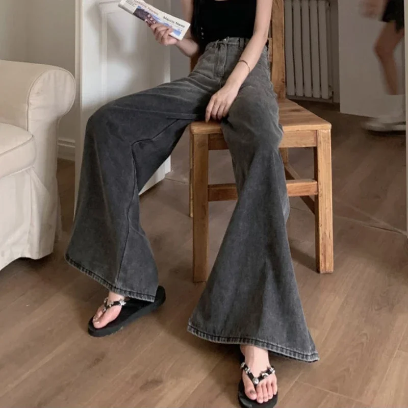 Wide Leg Jeans Women Summer Empire Loose Simple Solid All-match Ladies Vintage Elegant American Style Temperament Tender Cozy