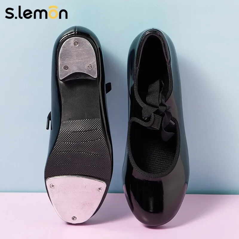 Zapato S.lemon Tap, zapatos de baile de claqué de charol con cordones y suela completa negra para niños y niñas adultas