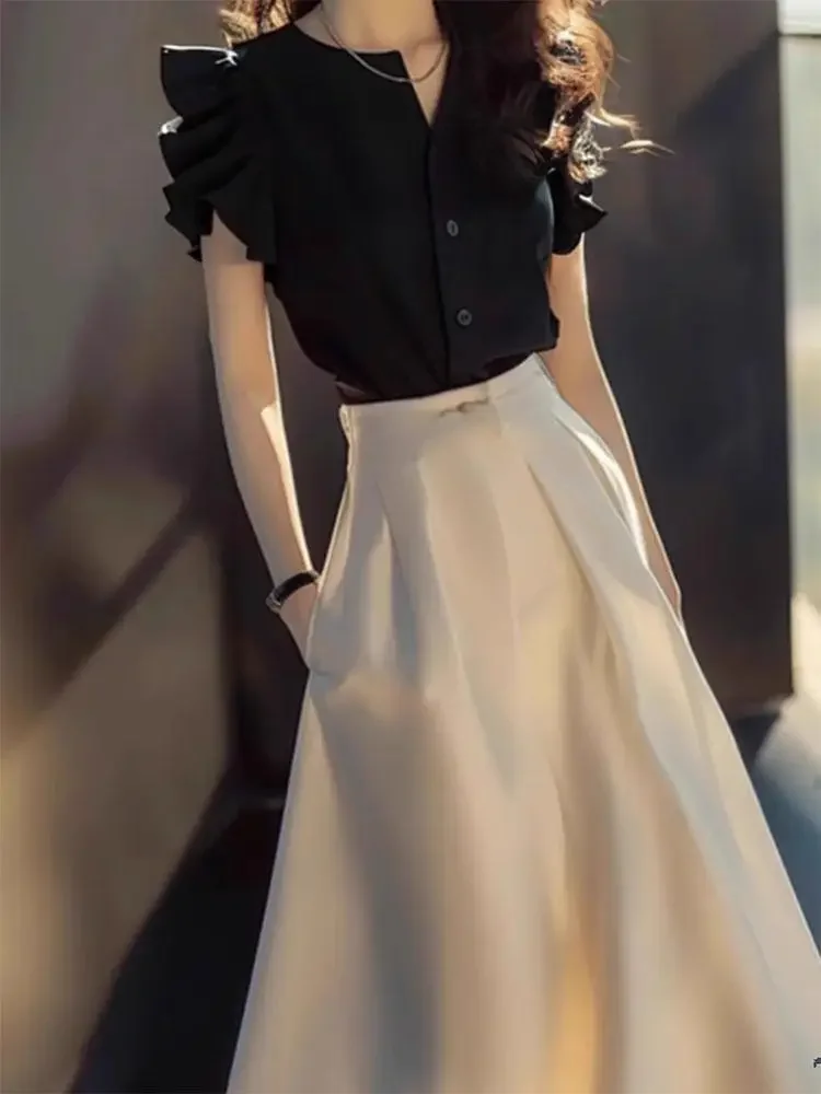 Woman Outfit Chiffon Beach Long Sleeve Skirt Black 2 Pieces Sets for Women Elegant Casual Stylish Y2k Clothes Chic New Matching