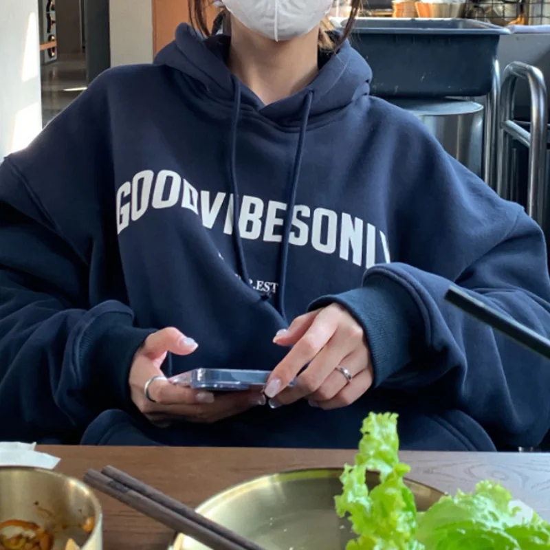 Autumn Winter New Arrival Loose Women's Hoodie Sweatshirt Grey Oversize Letter Print Long Sleeve Casual Style Polyester Fabric