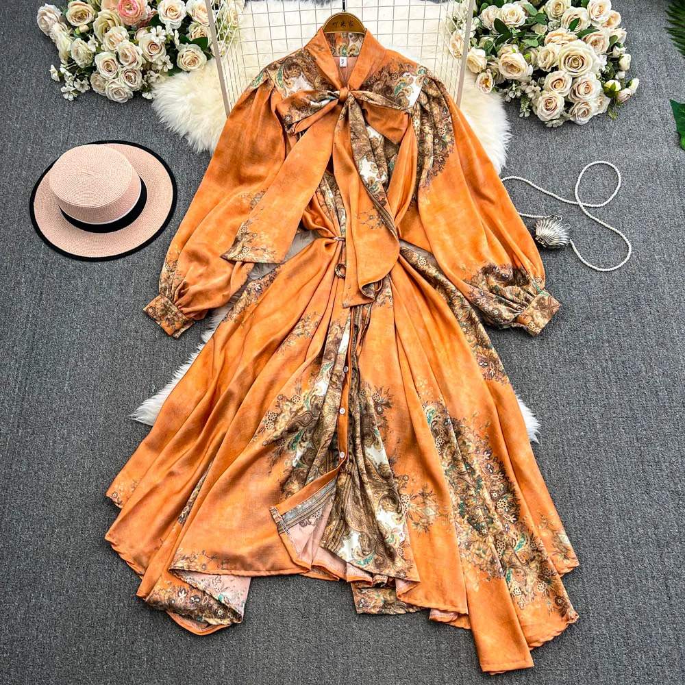 European and American high-quality retro elegant lantern sleeved Irregular A-line print Femae Casual  Party Dress For Women New