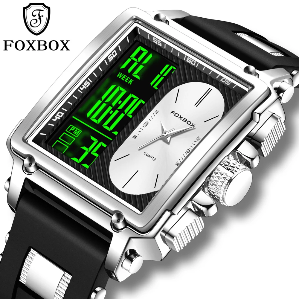 Foxbox homem relógio moda dupla exibição digital militar esporte relógio de quartzo à prova dwaterproof água azul dial calendário cronógrafo relógios dos homens