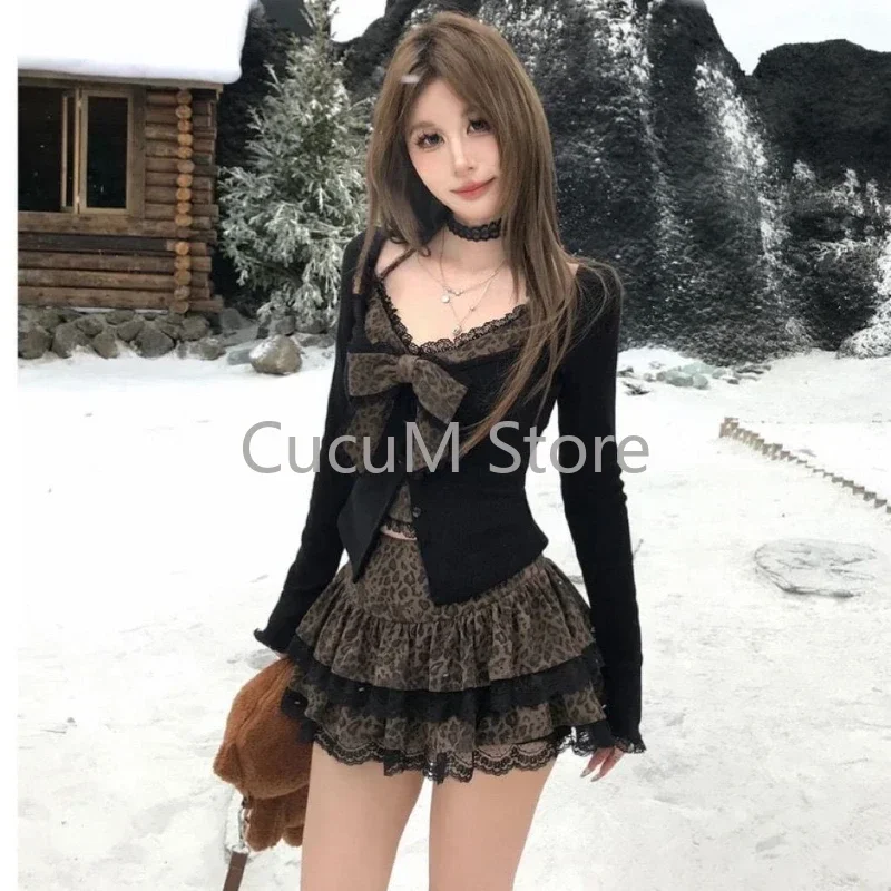 Woman Vintage Fashion Leopard Suit Autumn Winter  Bow Slim Fake Two Tops +  High Waist A-line Y2k Mini Skirt Aesthetics Chic