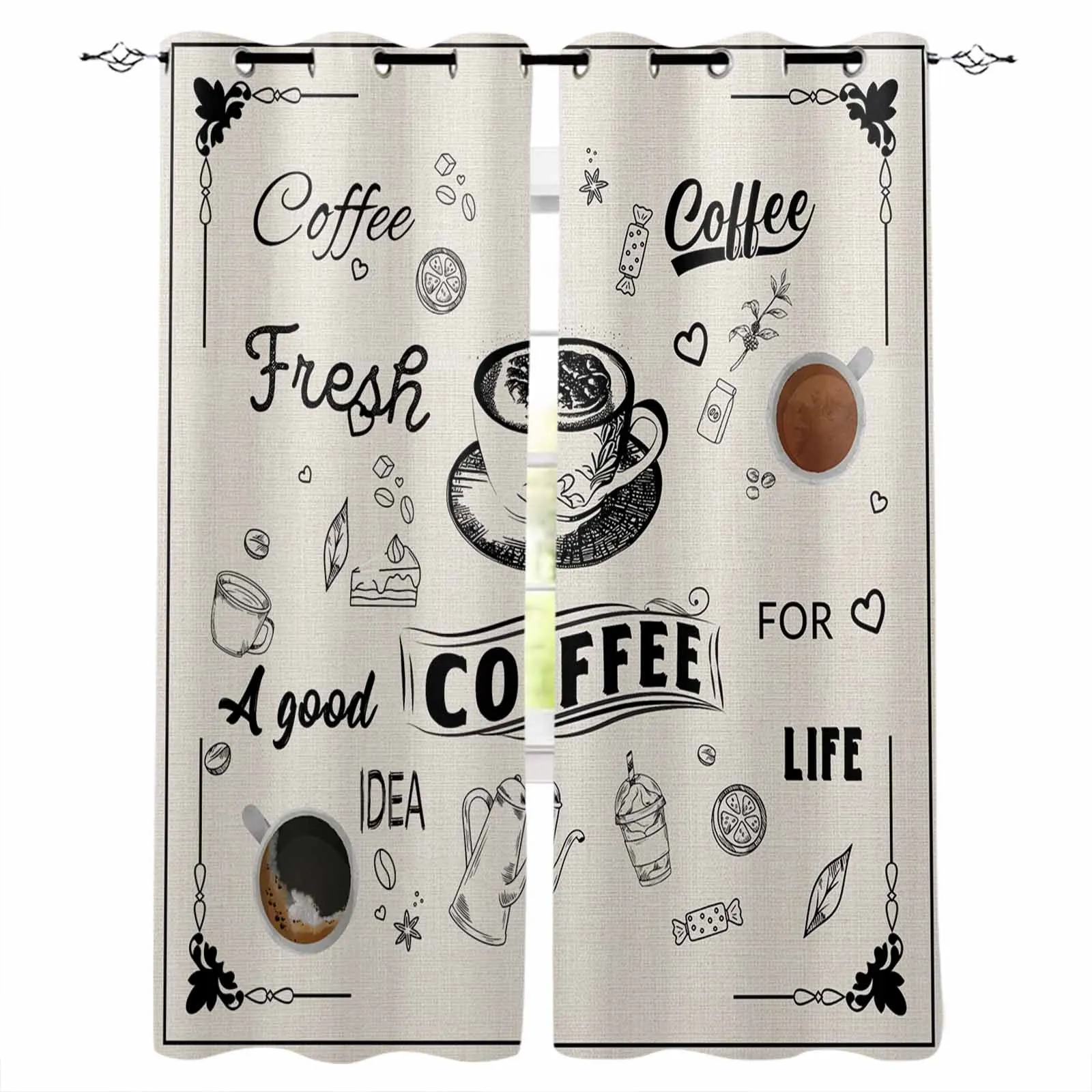 Coffee Coffee Beans Cup Window Curtains for Living Room Kitchen Curtain Bedroom Decorative Window Treatments