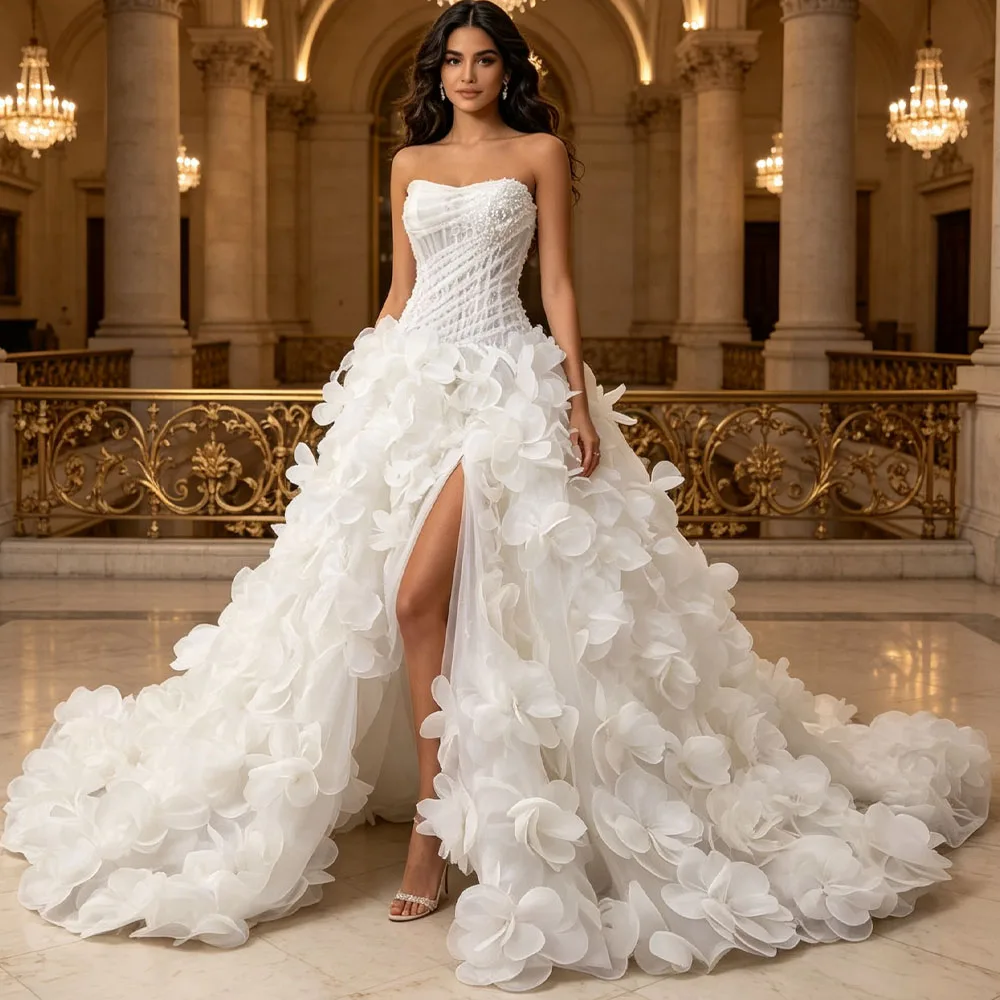 Luxurious High Slit Wedding Dress Strapless Zipper Appliques 3D Flower Beading Robe De Mariée