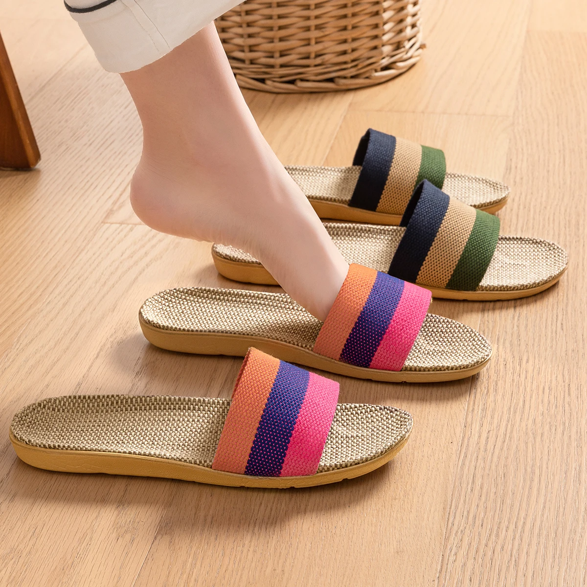 Four season new home linen slippers breathable slippers cotton linen indoor slippers silent home cool slippers for women