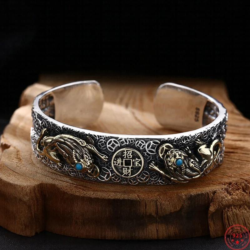 S925 Sterling Silver Charms Bracelets for Women Men Retro 3D PiXiu Ancient Coins 17mm Bangle New Fashion Jewelry Wholesale