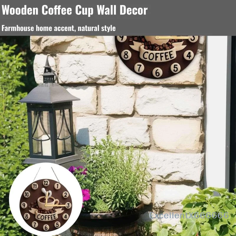2D Coffee Cup Themed Wooden Wall Clock Round Hanging Sign Minimalist Wall Decor for Kitchen Office