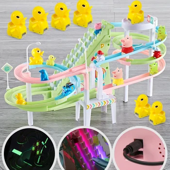 전기 오리 등반 계단 트랙 장난감, 재미있는 전자 음악 라이트 롤러 코스터 슬라이드 등반 계단 장난감, 어린이 생일 선물